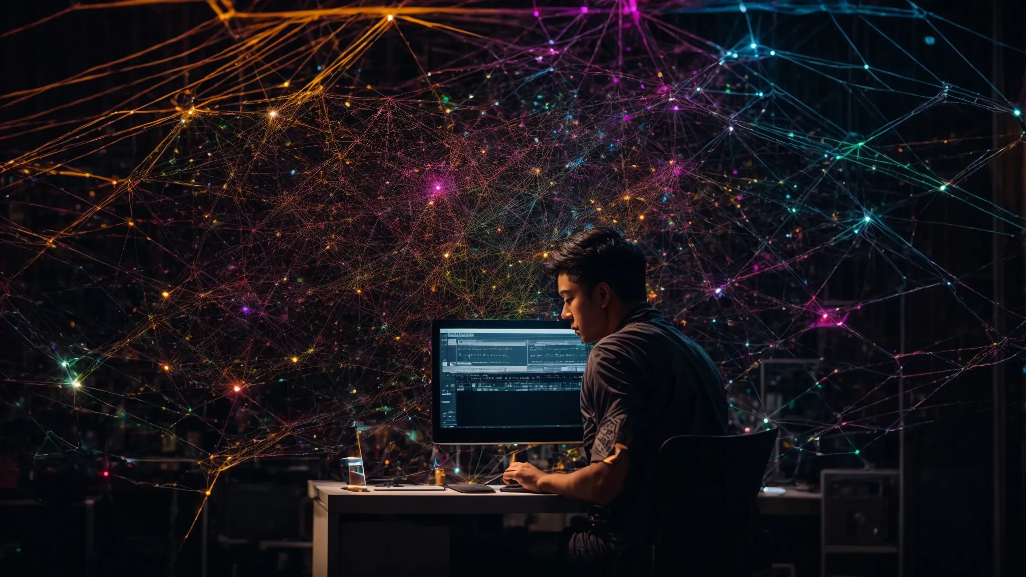 a digital marketer sits before a computer screen displaying a colorful, intricate web of data connections symbolizing the complexity and organization of structured data markup.