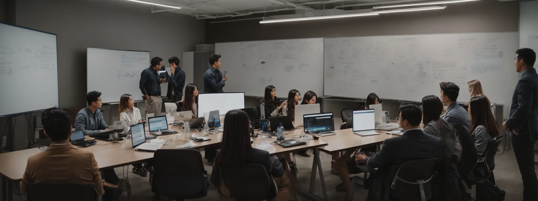 a brainstorming session with a digital marketing team using computers and whiteboards to generate ideas.