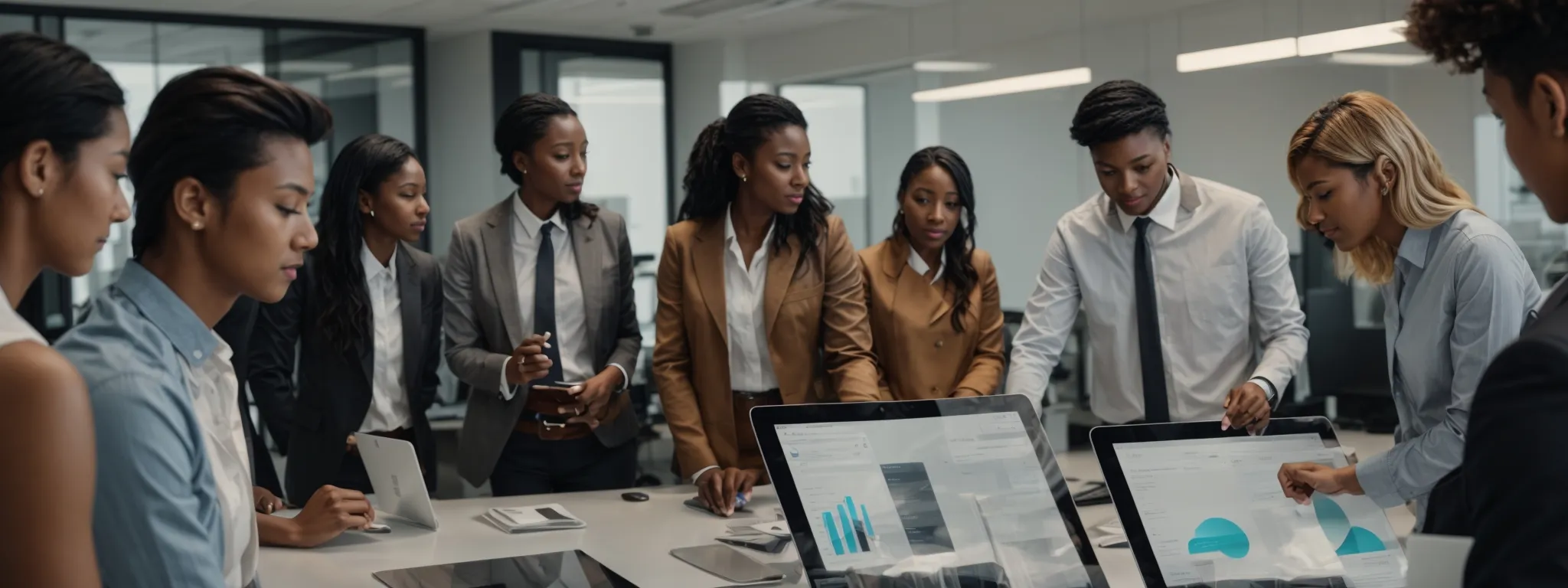 a diverse group of marketing professionals brainstorming around a digital screen and physical printouts in a bright, modern office.