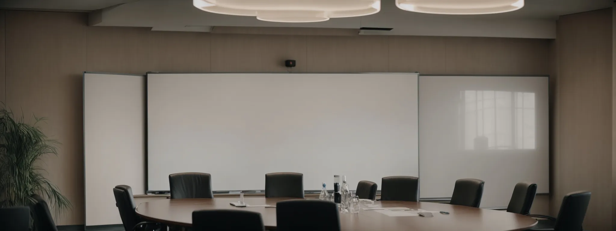 a conference room with a blank whiteboard and an empty round table, suggesting a strategic planning session is about to commence.