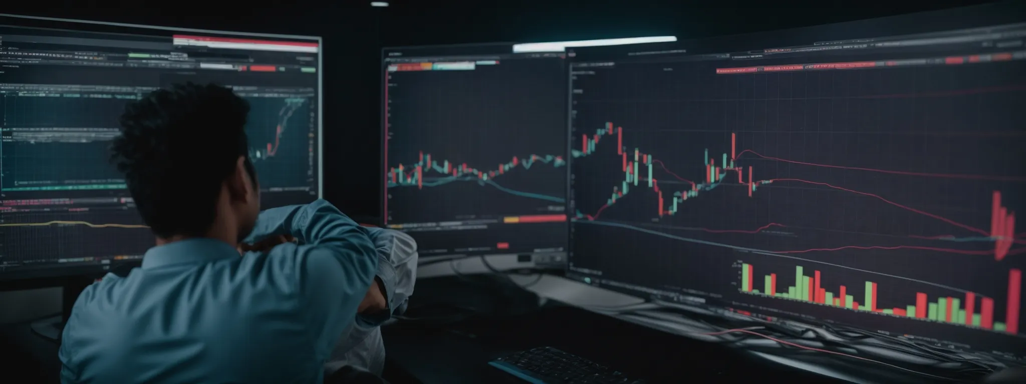 a person sitting before a widescreen computer monitor displaying colorful charts and graphs related to website traffic and user engagement.