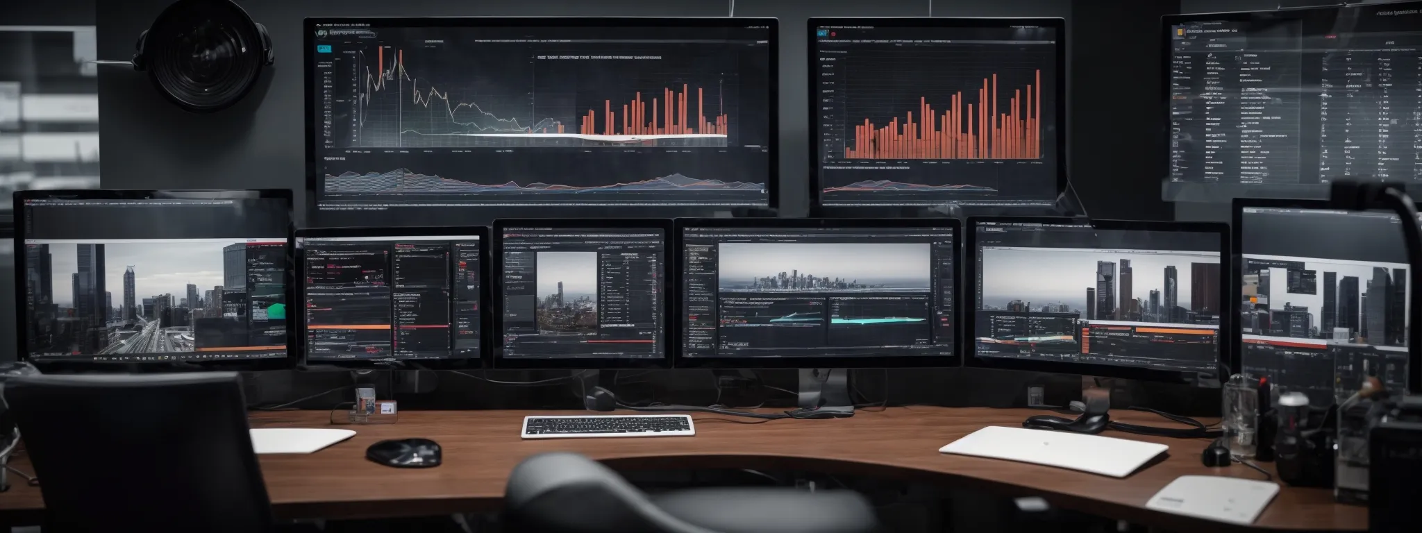 a modern digital marketing office setup with multiple computer screens displaying graphs and social media analytics.