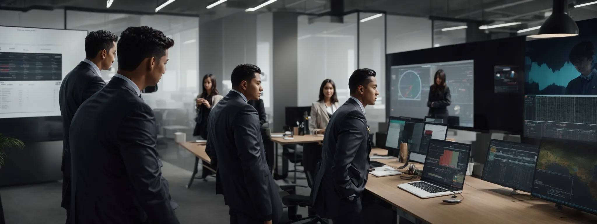 a creative team discussing a campaign in a modern office with digital screens displaying growth analytics.