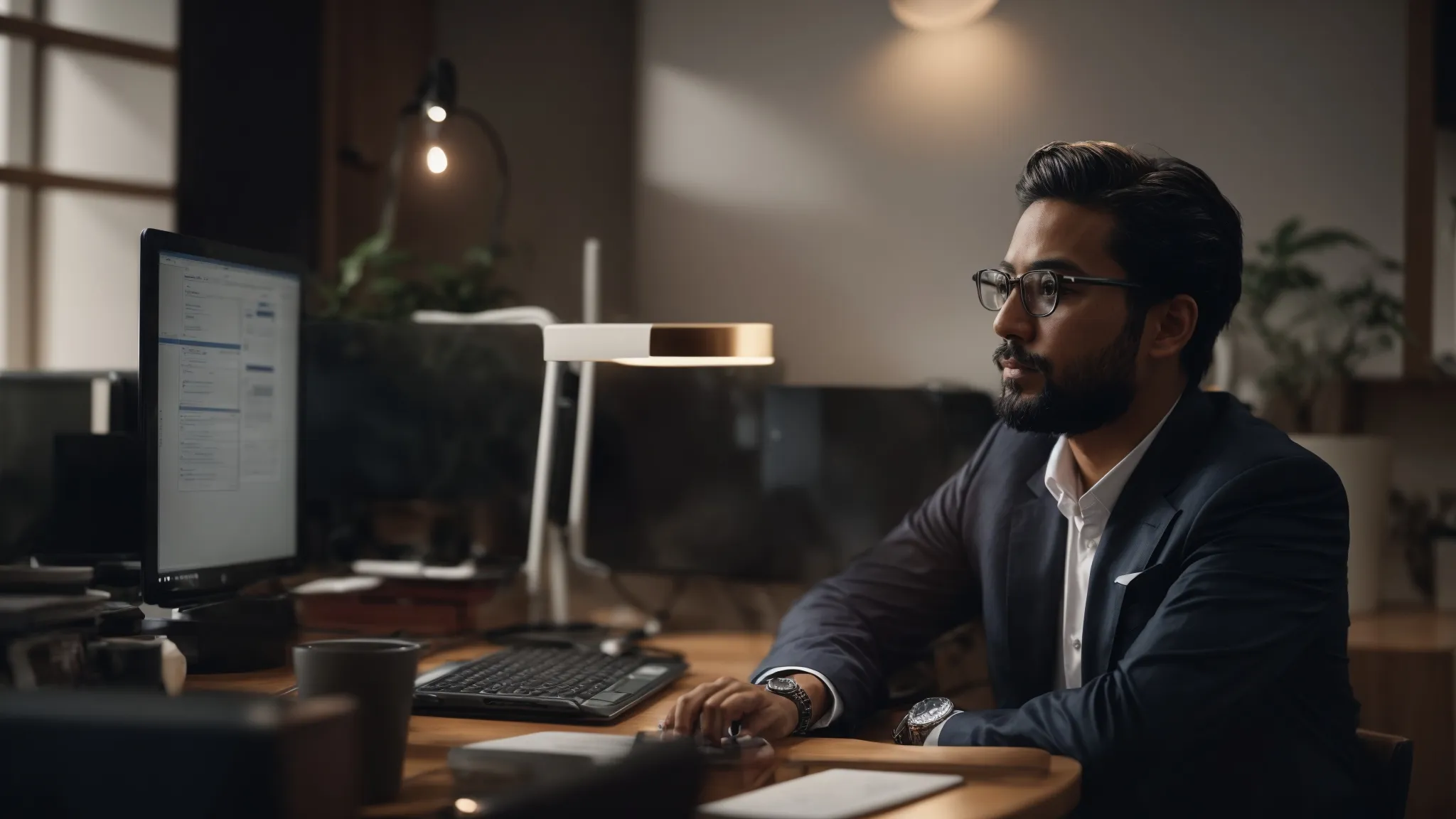 a hopeful entrepreneur sits at a desk with a computer, reflecting on a new strategy after an unsuccessful business appeal.