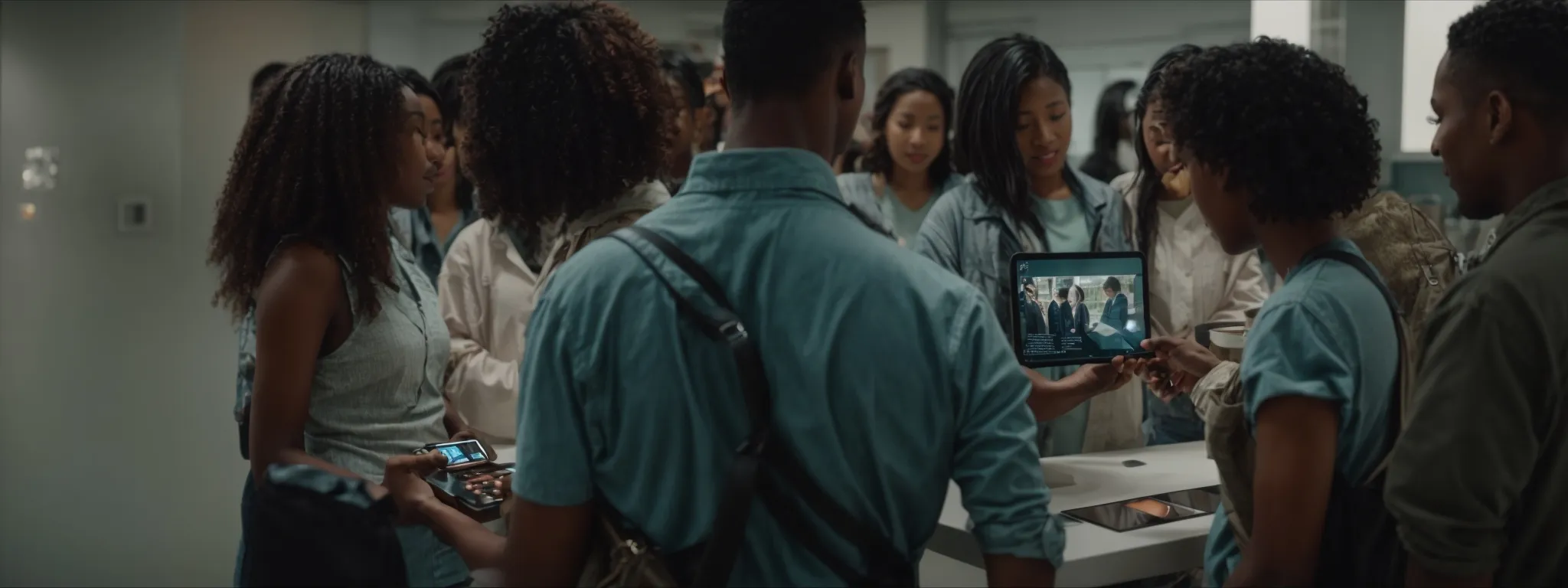 a diverse group of people gather around a modern, flat touchscreen table, collaboratively swiping and interacting with an inclusive, user-friendly digital interface.