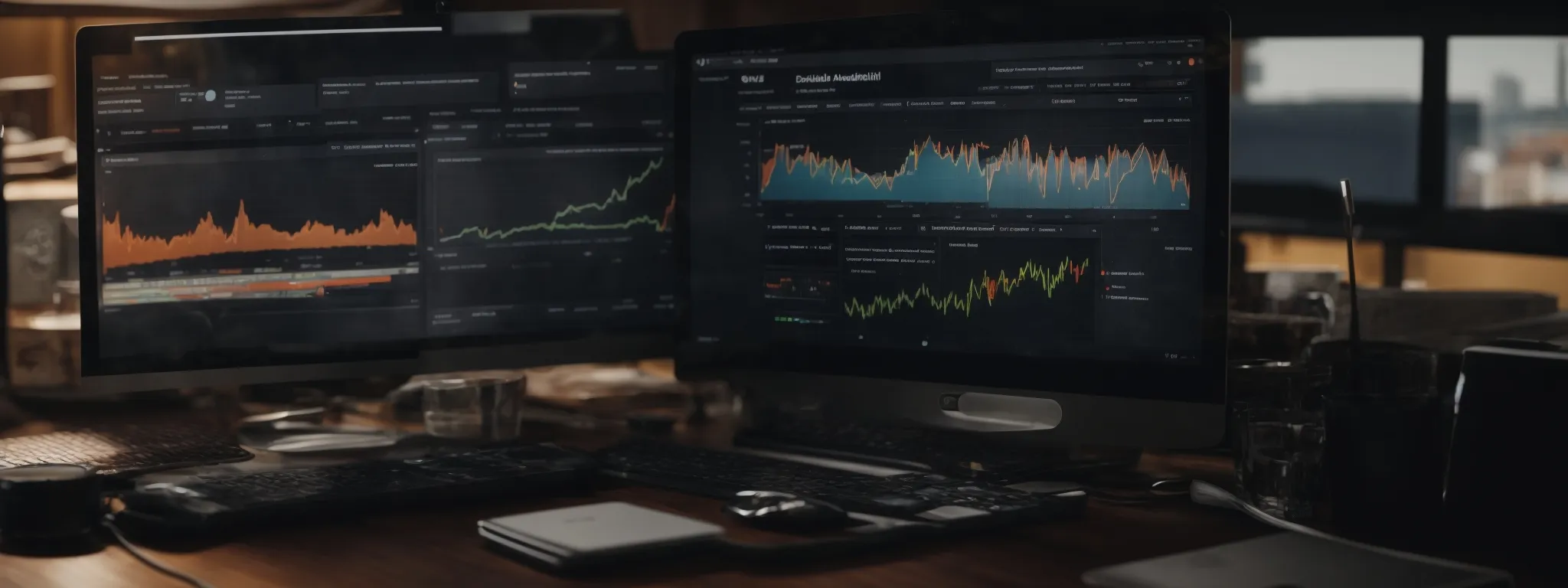 a desktop with multiple browser tabs open, displaying different analytics dashboards comparing web traffic and keyword rankings.