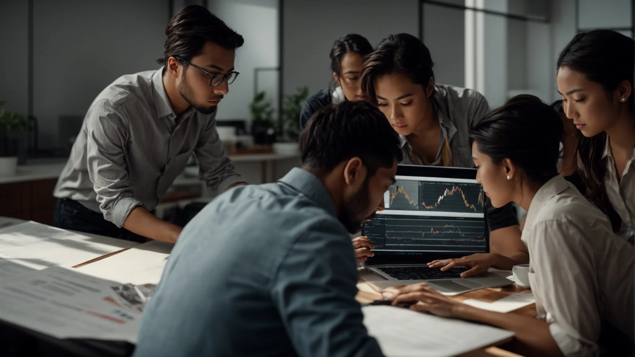 a group of professionals gathered around a laptop, analyzing charts and graphs on the screen.