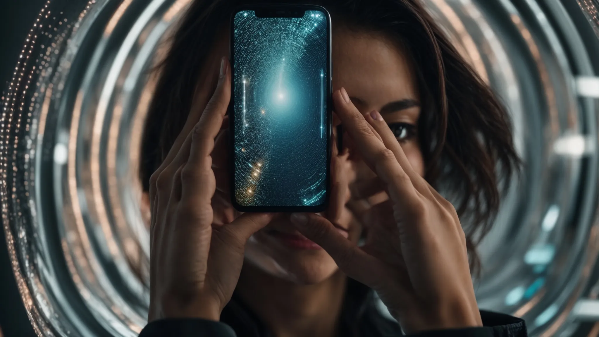 a person speaks into a smartphone held close to their face against an abstract digital background symbolizing search technology.