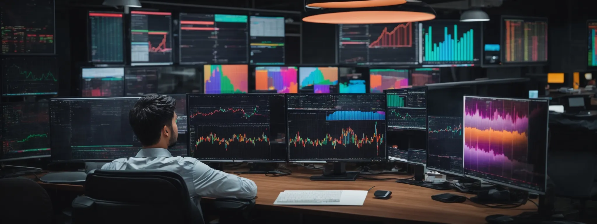 a person sitting at a modern workspace with multiple computer screens displaying colorful graphs and marketing analytics. 