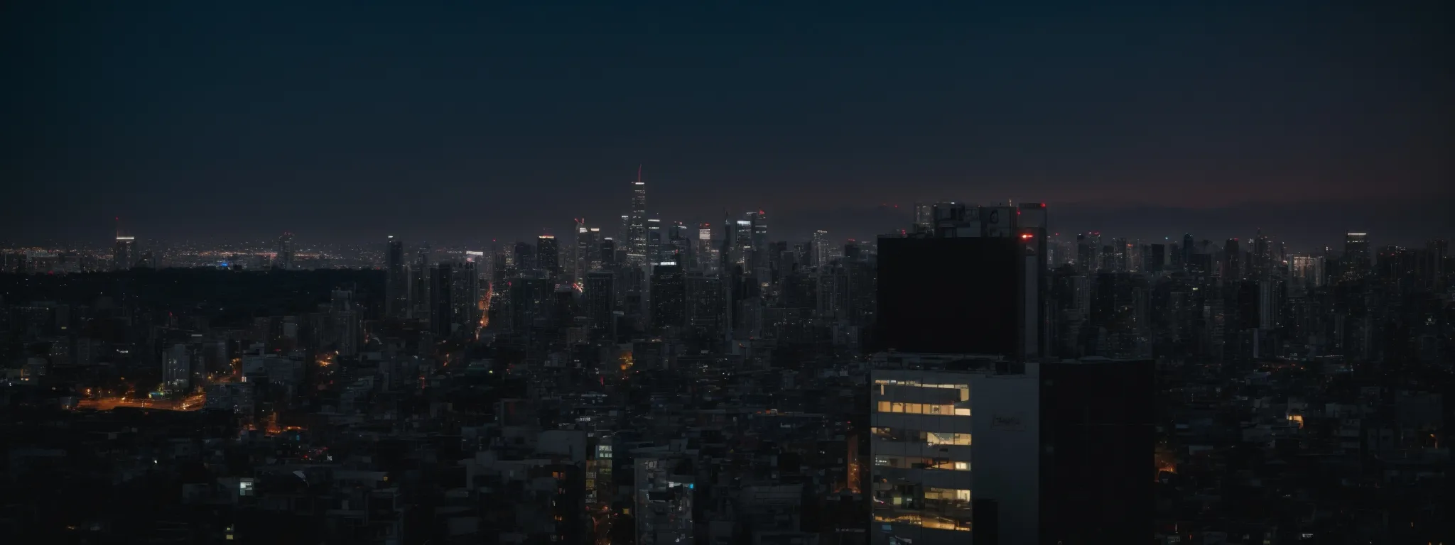 a targeted billboard atop a city building shining in the evening lights.