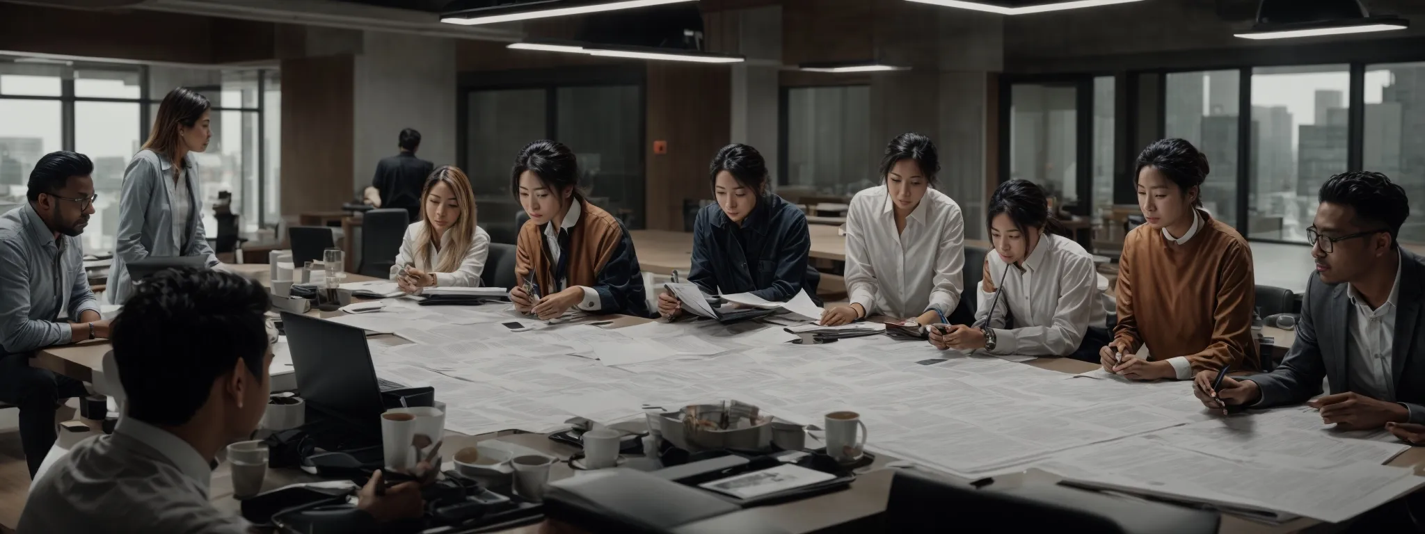 a diverse team of professionals collaborates around a large table, strategizing over expansive spread-sheets and digital analytics dashboards.