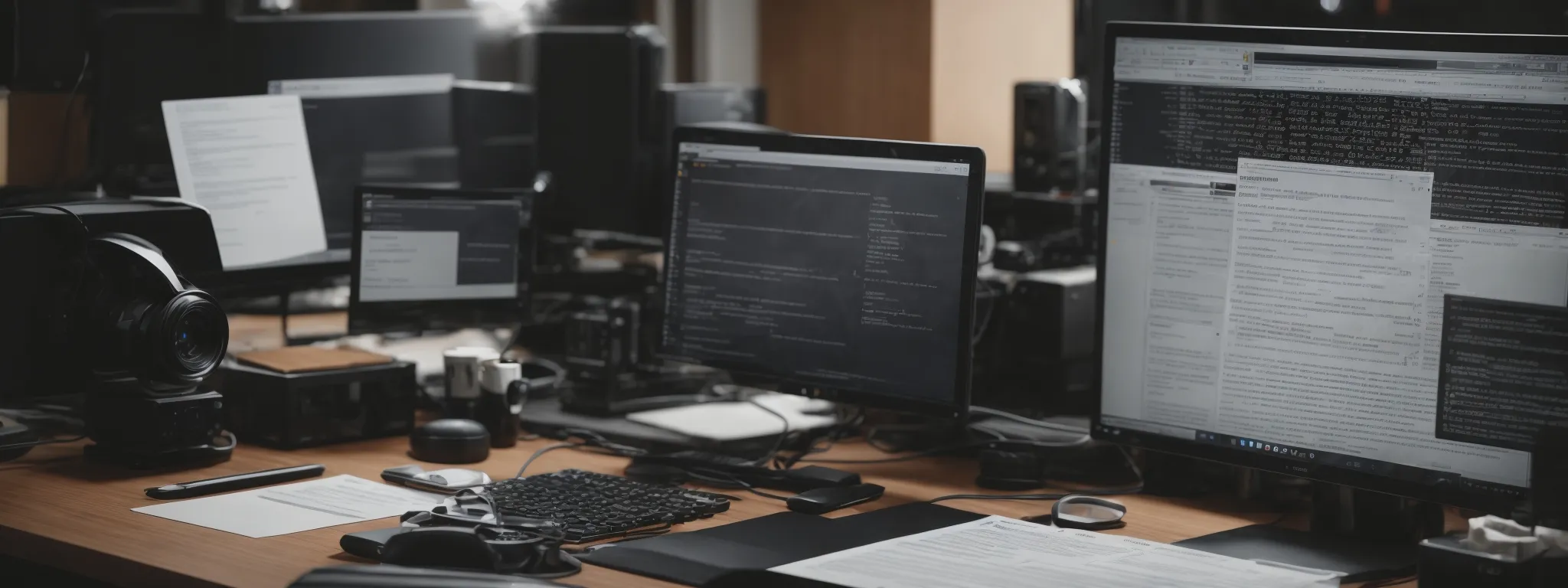 a developer's desk with a computer displaying code and a search engine page on a monitor, surrounded by notes about seo strategies and angular documentation.