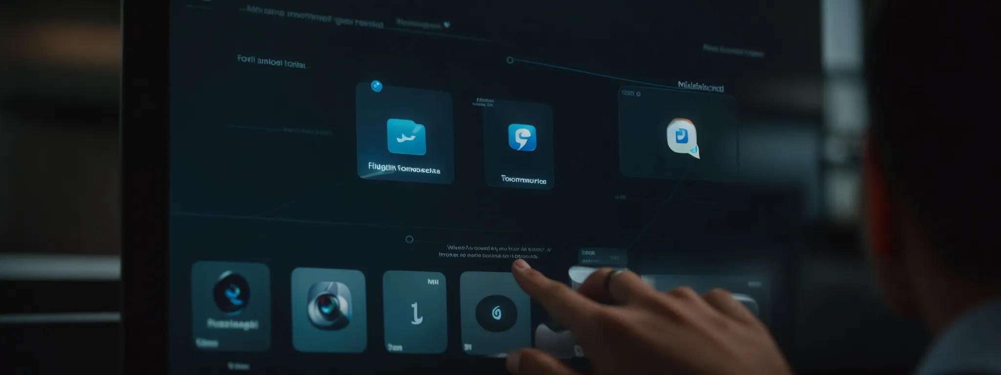 a marketer pressing a virtual social media icon on a touchscreen interface, symbolizing strategic engagement.