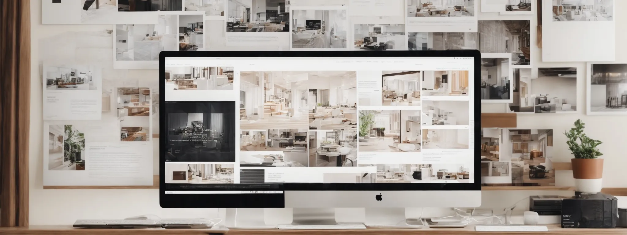 a wide computer screen surrounded by design sketches showcases a sleek and modern website layout.