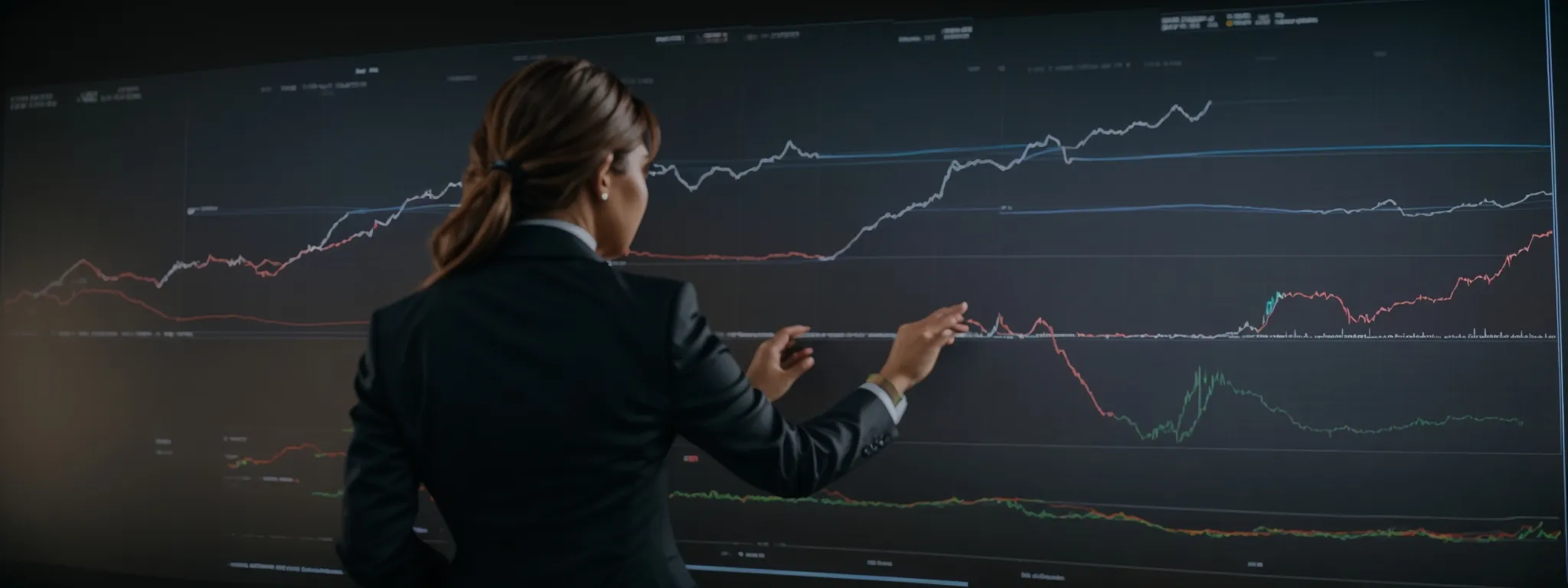 a businesswoman presses a button on an interactive digital screen showing a graph of website traffic growth.