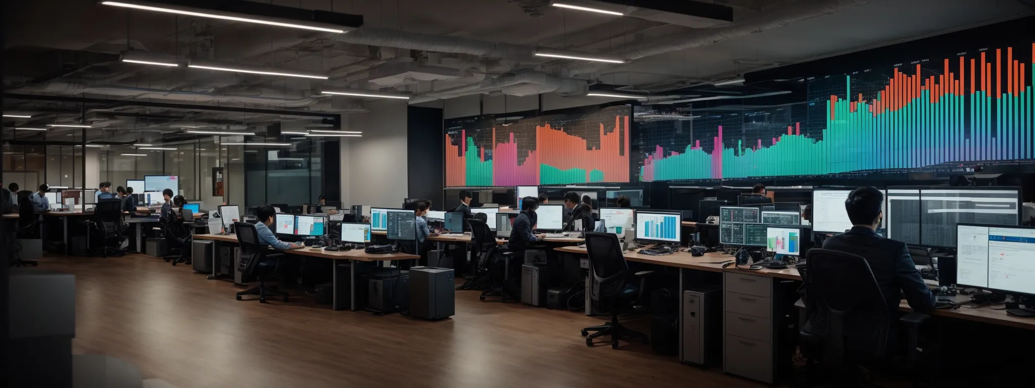 a bustling digital marketing office with computers displaying colorful graphs and data analytics screens.