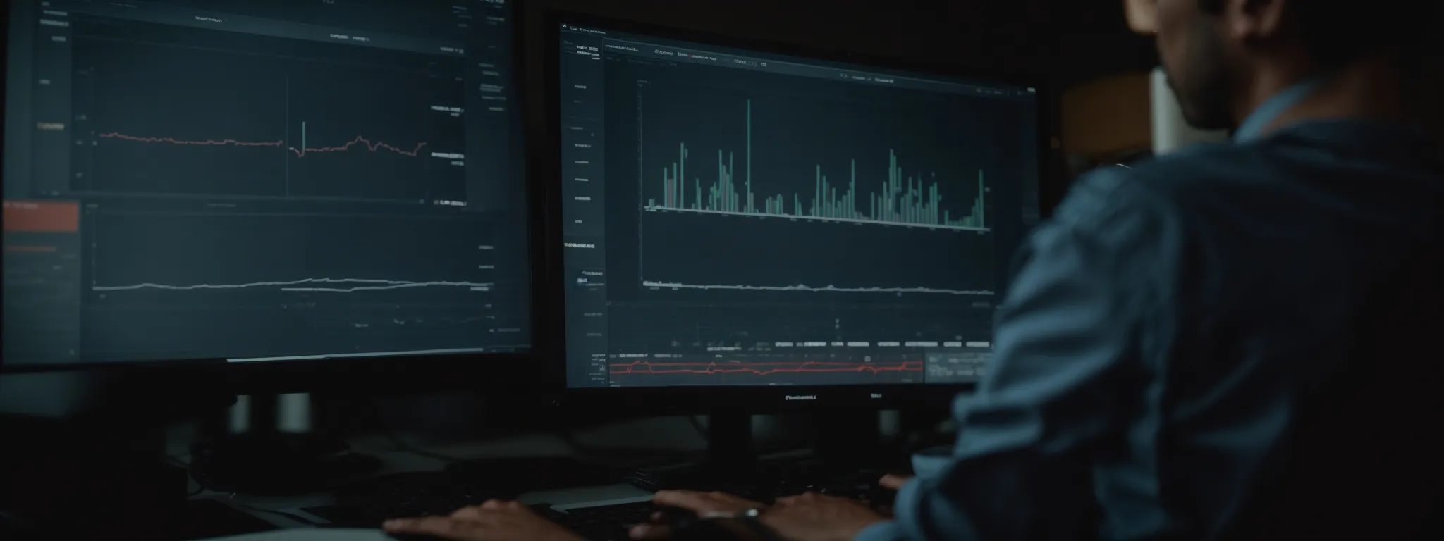 a business professional is analyzing a dashboard on a computer screen showing website traffic and seo metrics.