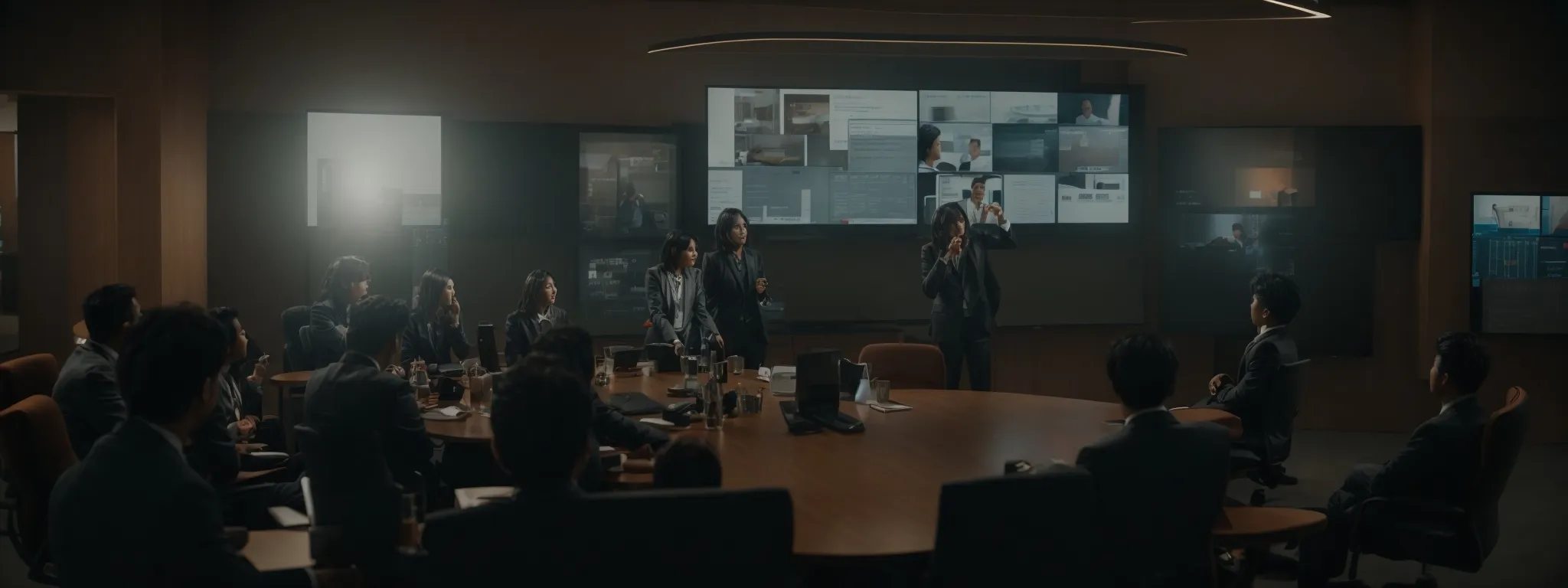 a group of professionals collaboratively brainstorming around a large digital screen displaying a shared document.
