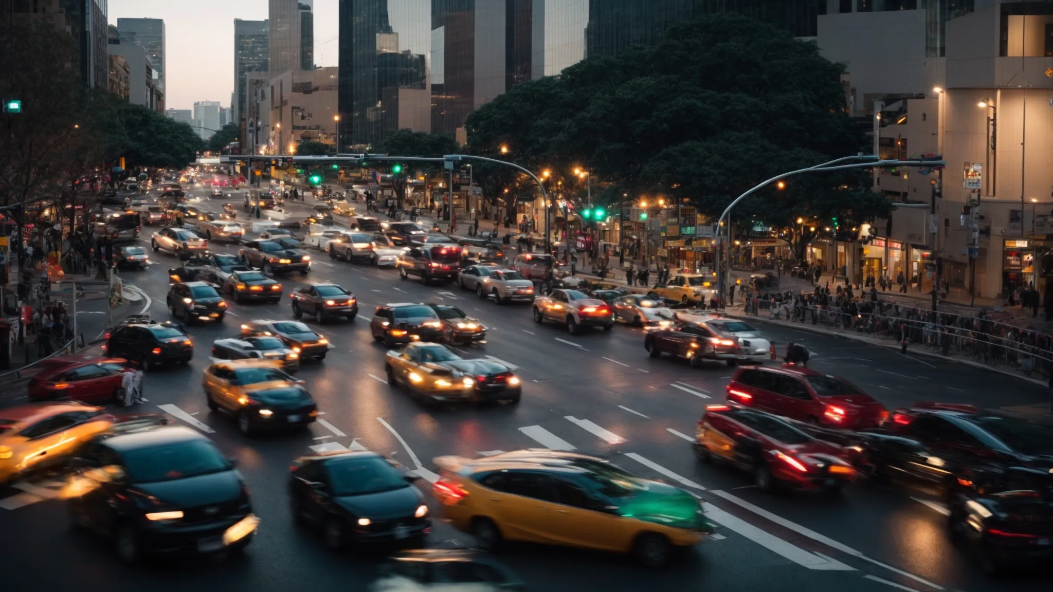 a bustling array of diverse vehicles flowing seamlessly through a grand, multilane intersection with traffic lights.