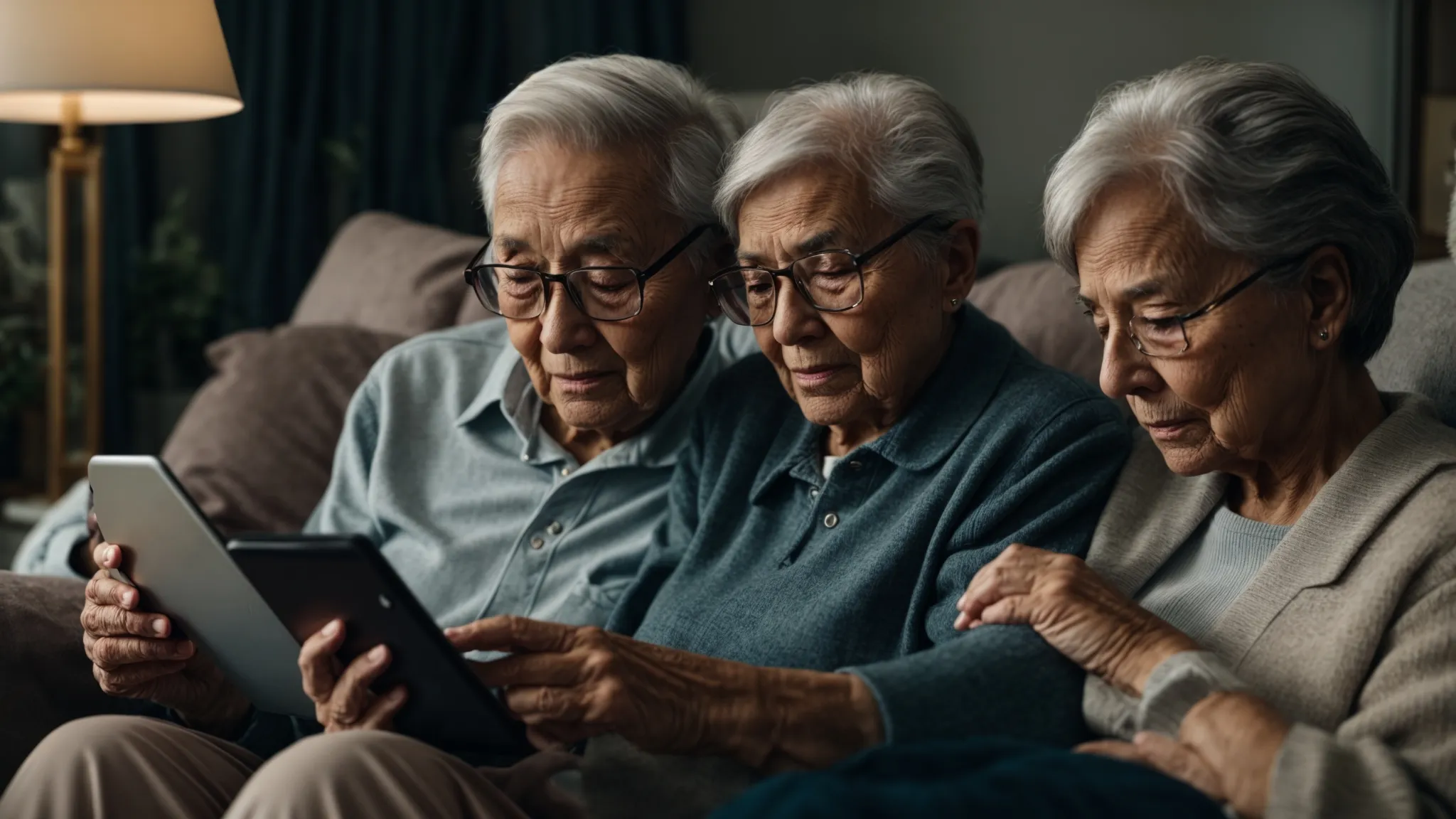 an elderly couple attentively examining a tablet screen while sitting on a cozy sofa together.
