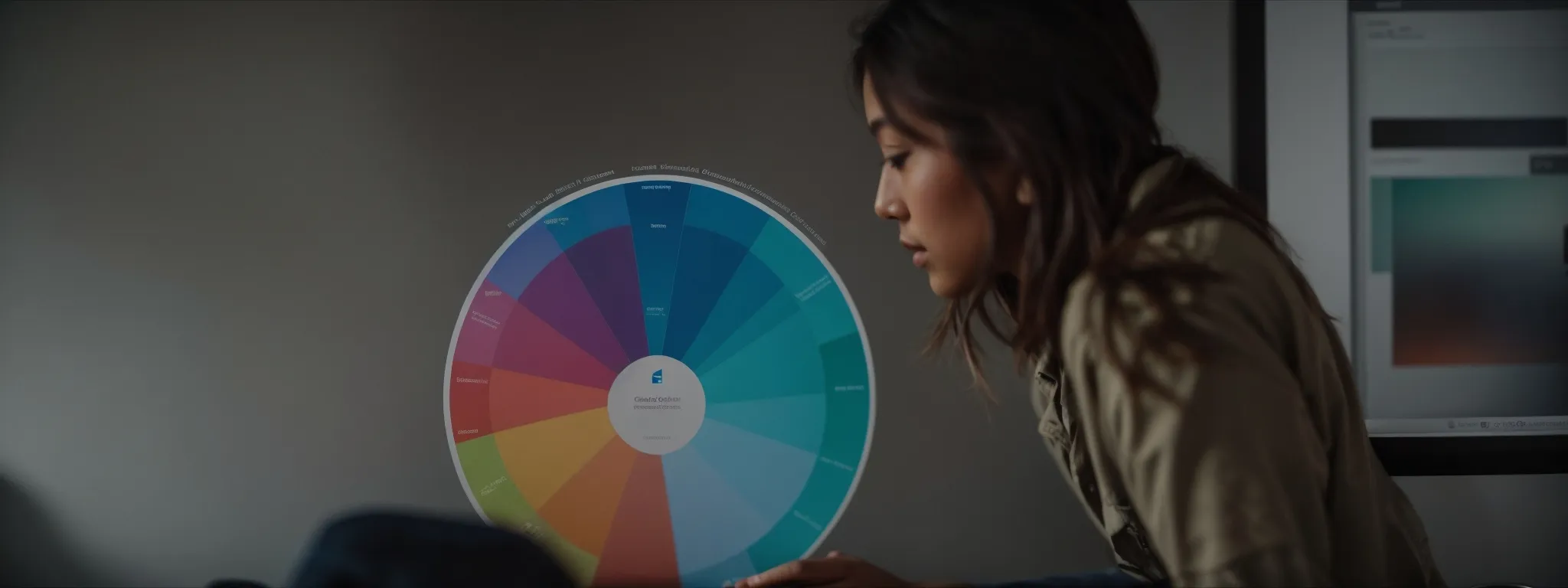 a content strategist analyzes a colorful pie chart representing keyword distribution for website seo.