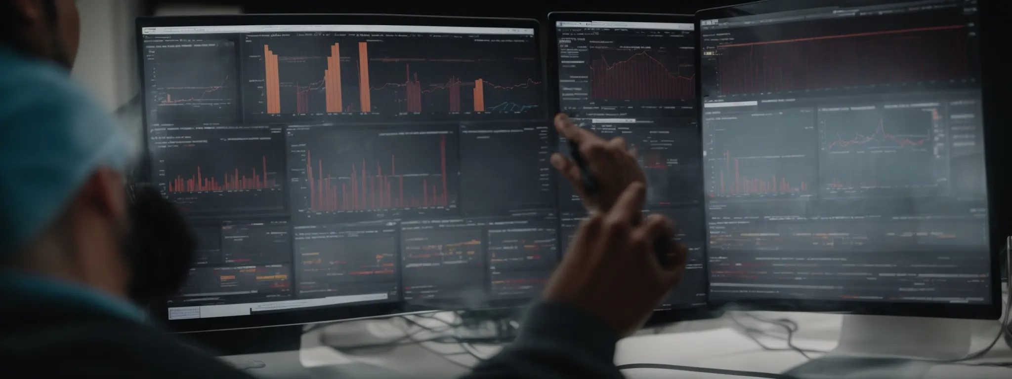 a professional scrutinizing a comprehensive analytics dashboard on a computer screen, reflecting a deep dive into website performance metrics.