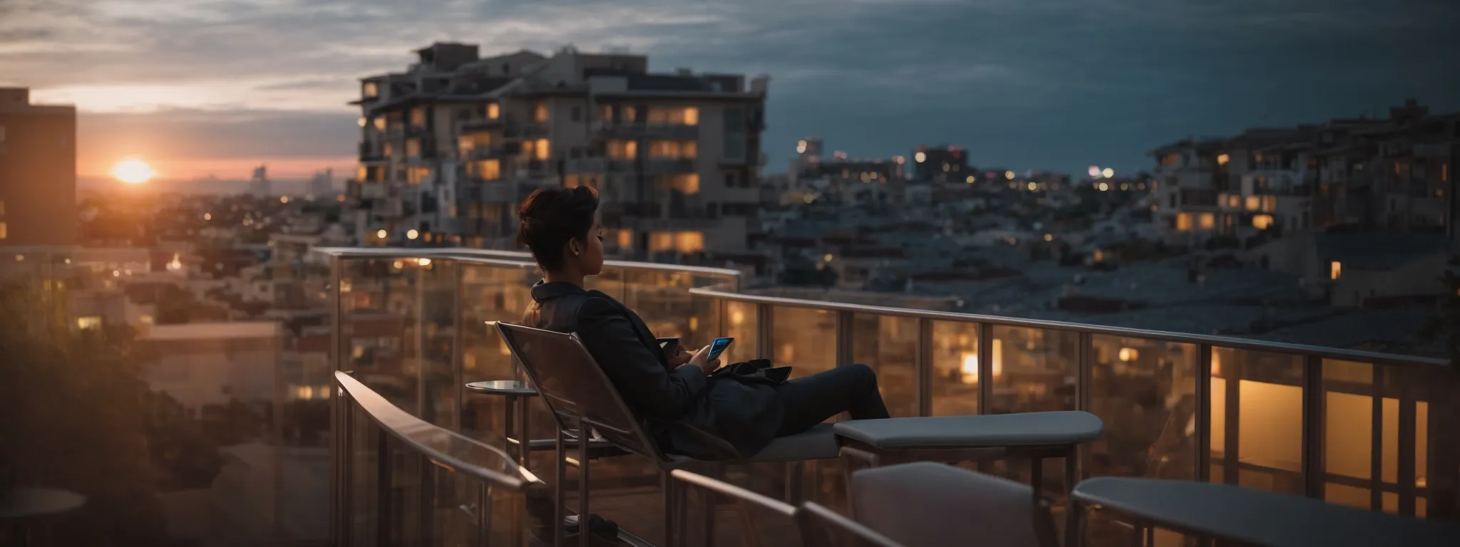 a person lounging on a hotel balcony interacts effortlessly with a sleek hotel booking interface on their smartphone against a backdrop of a serene cityscape at dusk.