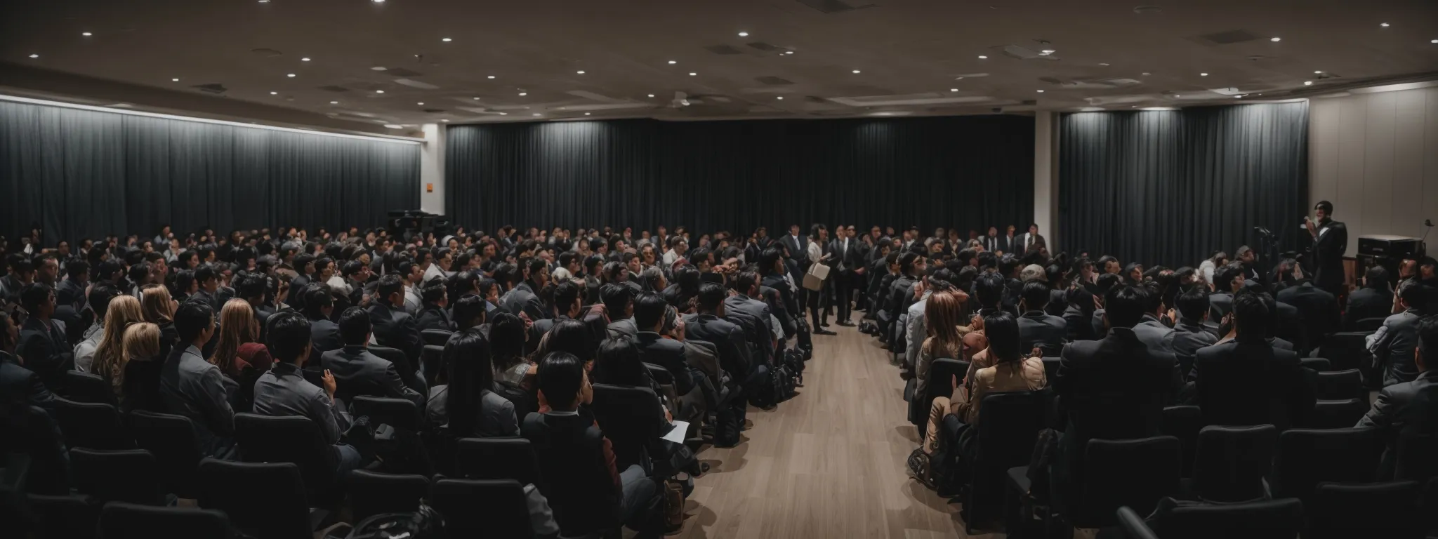 a speaker stands before an engaged audience at a content marketing seminar.