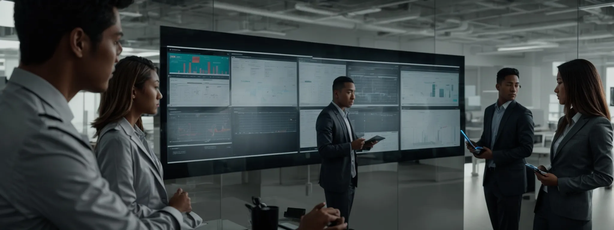 a forward-looking team analyzes data on a large touchscreen interactive display, strategizing in a modern office environment.