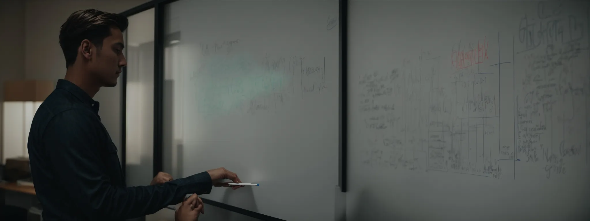 a content creator strategically planning an engaging social media campaign on a large whiteboard.
