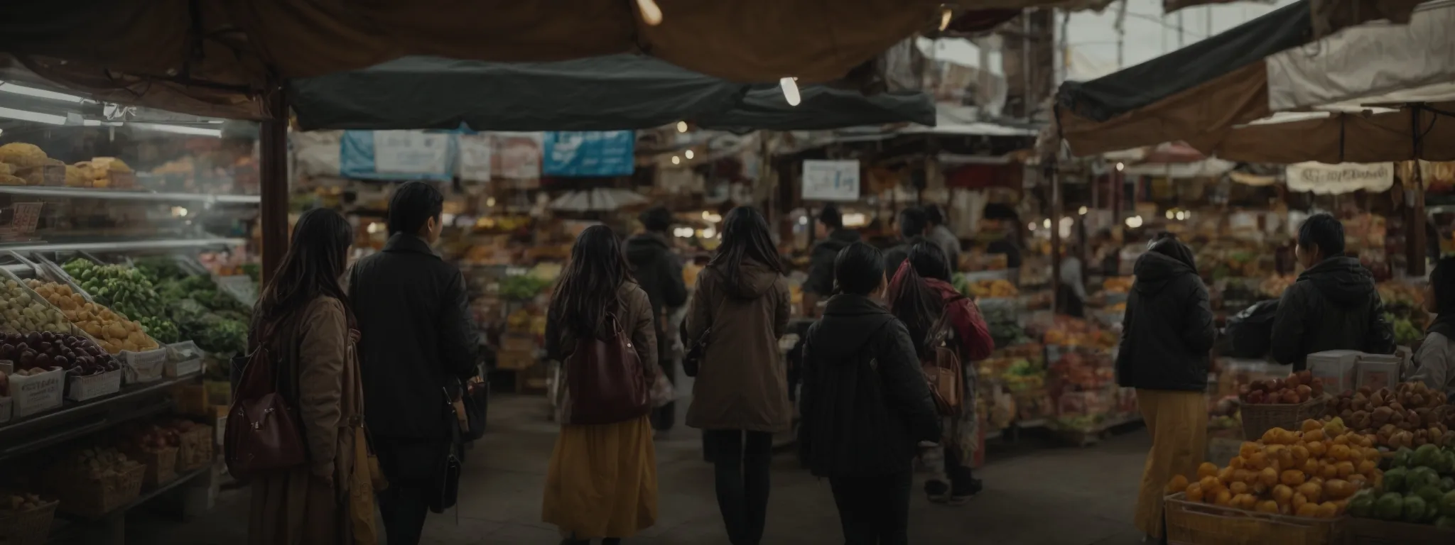 a local market scene with a digital kiosk display showing personalized recommendations to a diverse group of shoppers.