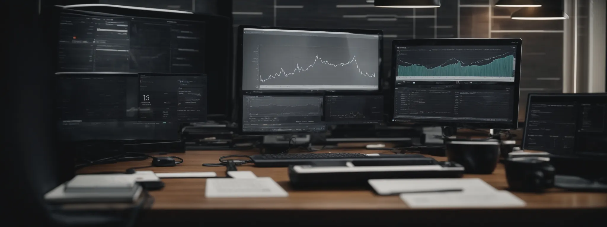 a professional at a minimalist desk interacts with an organized, high-tech dashboard displaying analytical seo data.
