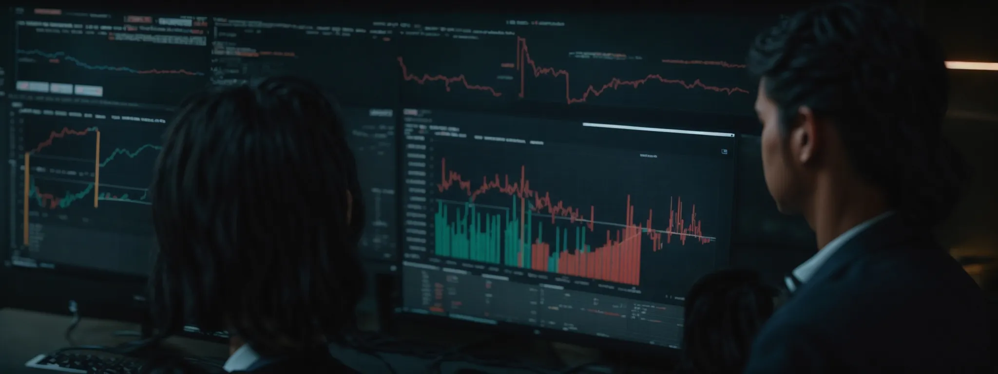 a marketer analyzes data graphs on a computer screen displaying website performance metrics.