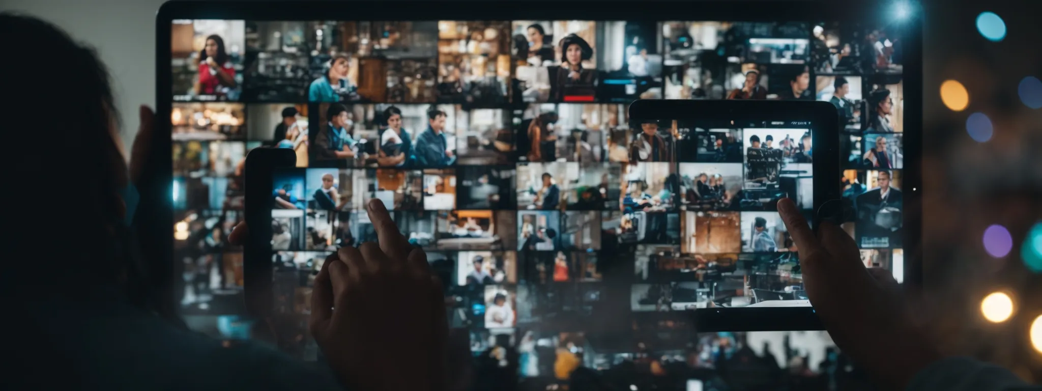 a person uses a tablet to manage multiple social media profiles on a brightly lit screen, symbolizing active online engagement.