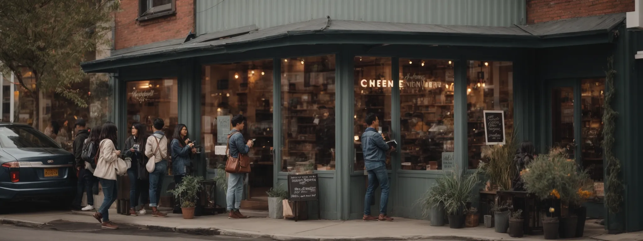 a small business storefront buzzing with contented customers entering and leaving, highlighting the thriving hub of community engagement fueled by positive customer reviews.