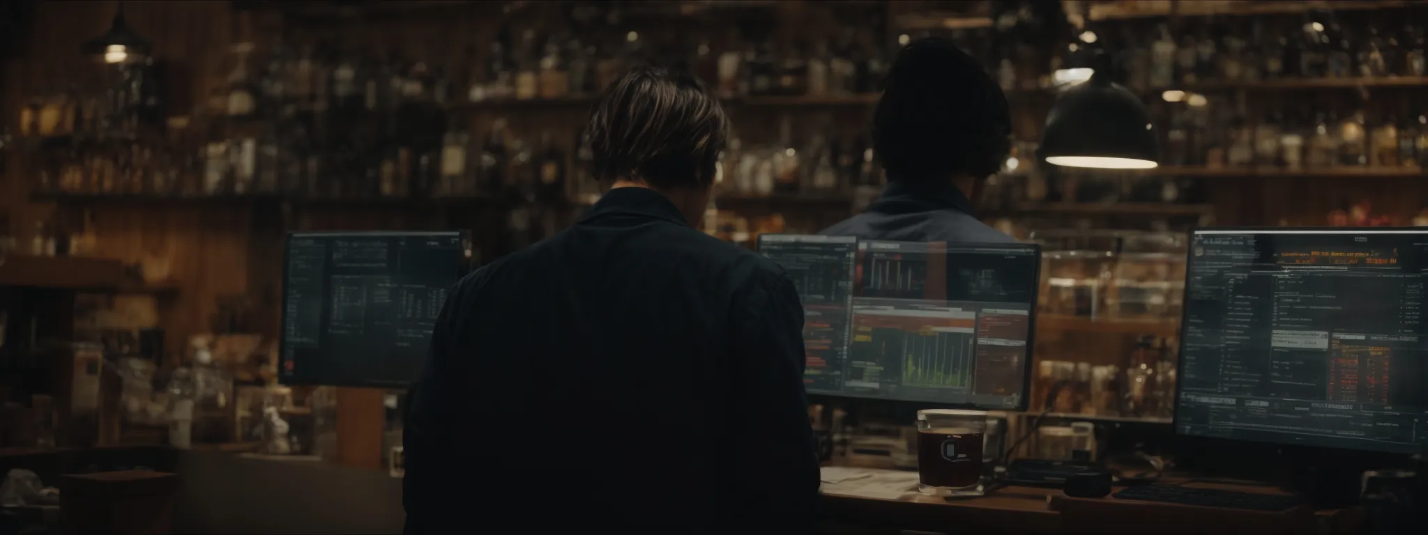 a shop owner intently studies analytics on a computer screen while adjusting settings on seo software.
