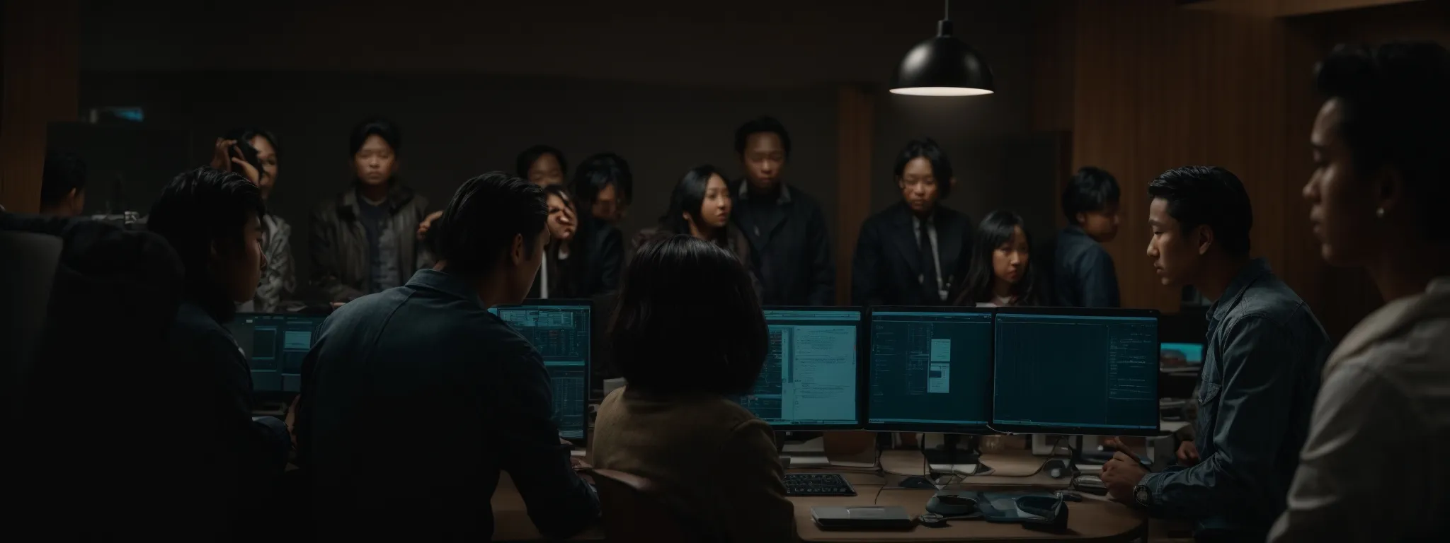 a diverse group of people gathered around computer screens, intensely discussing and planning strategies.