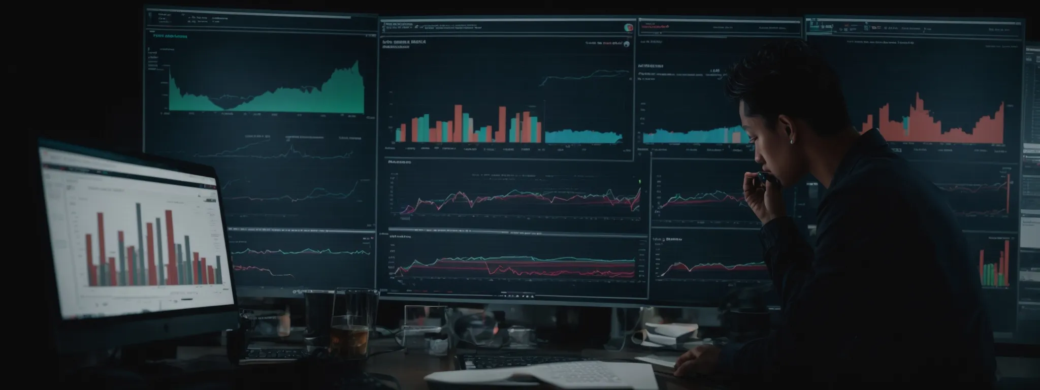 a marketer examines elaborate graphs on a computer screen while navigating a marketing analytics dashboard.