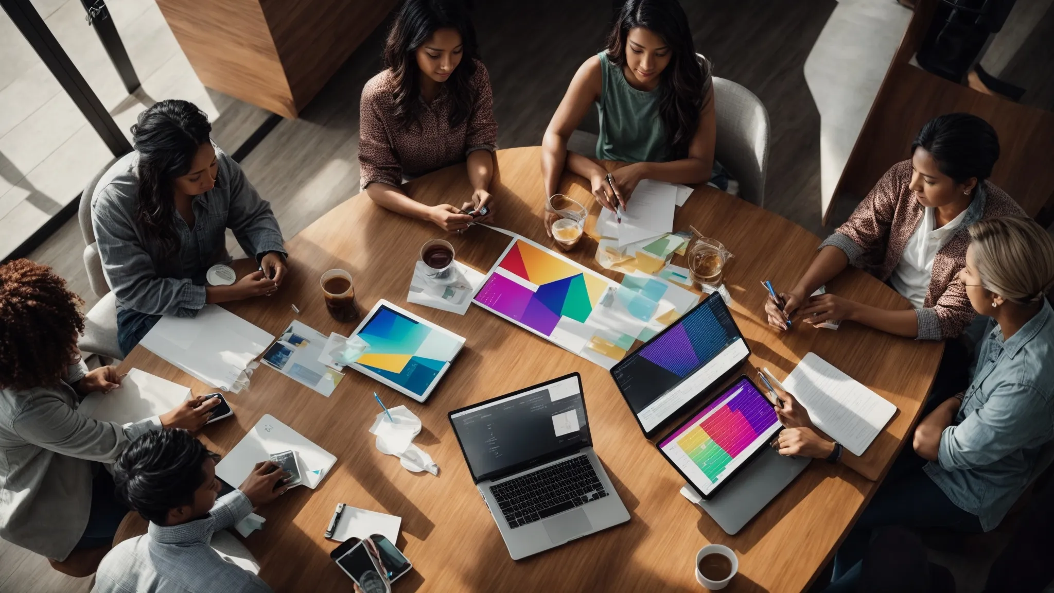 a diverse group of individuals engaging in a creative brainstorming session around a table with multiple digital devices displaying colorful graphs and analytics.