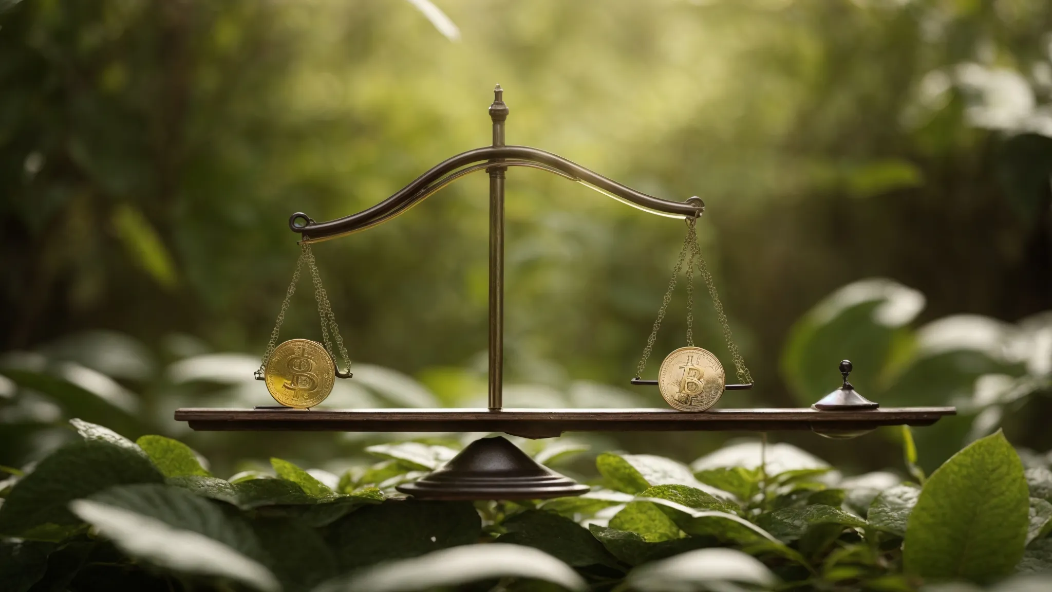 "a scale balancing a leaf and a coin, representing the natural versus monetary aspects of organic and paid search strategies."