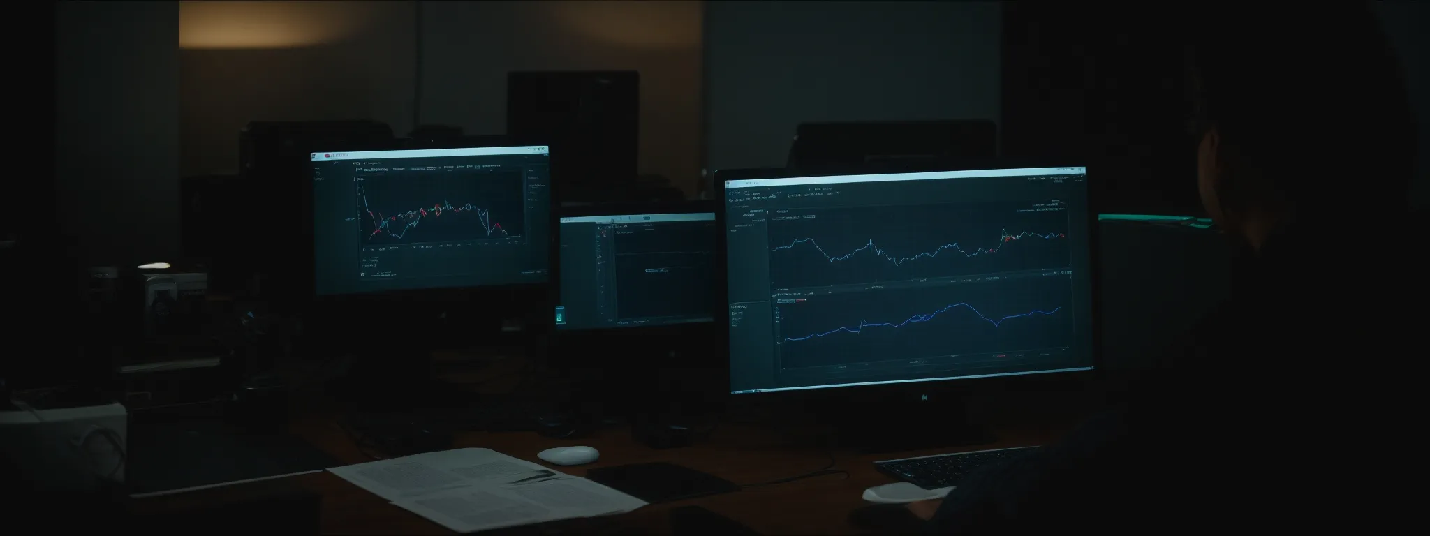 a person sitting at a desk with a computer displaying graphs related to website traffic analysis.