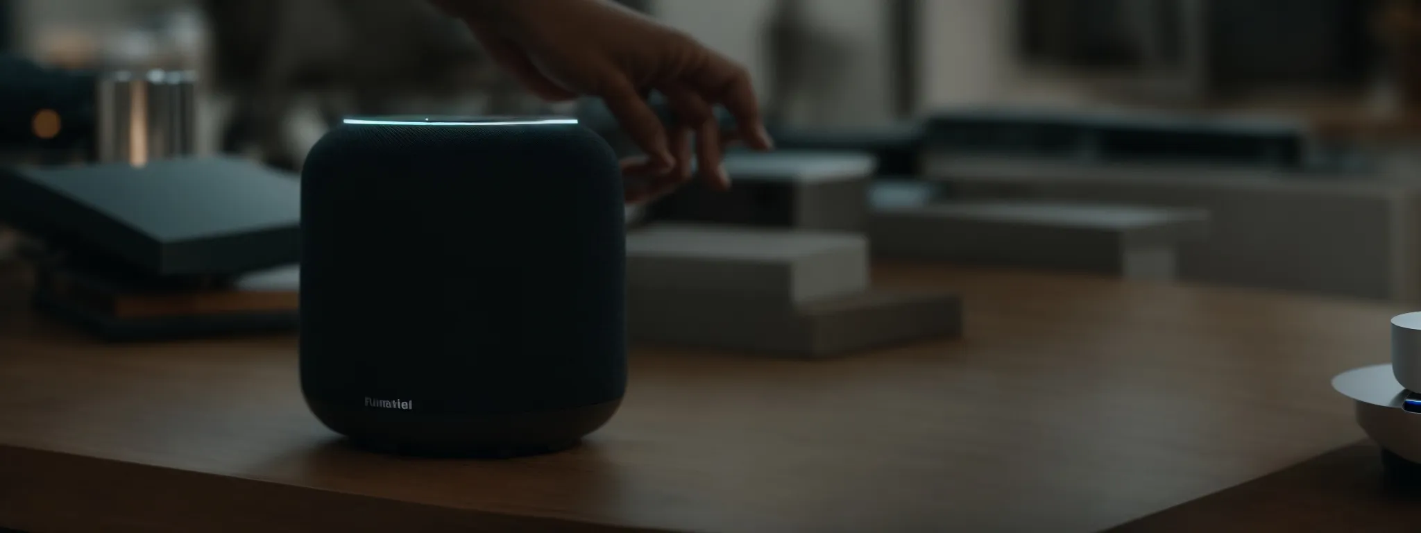 a person speaking into a smart speaker on a table, with visible sound waves emanating from the device.