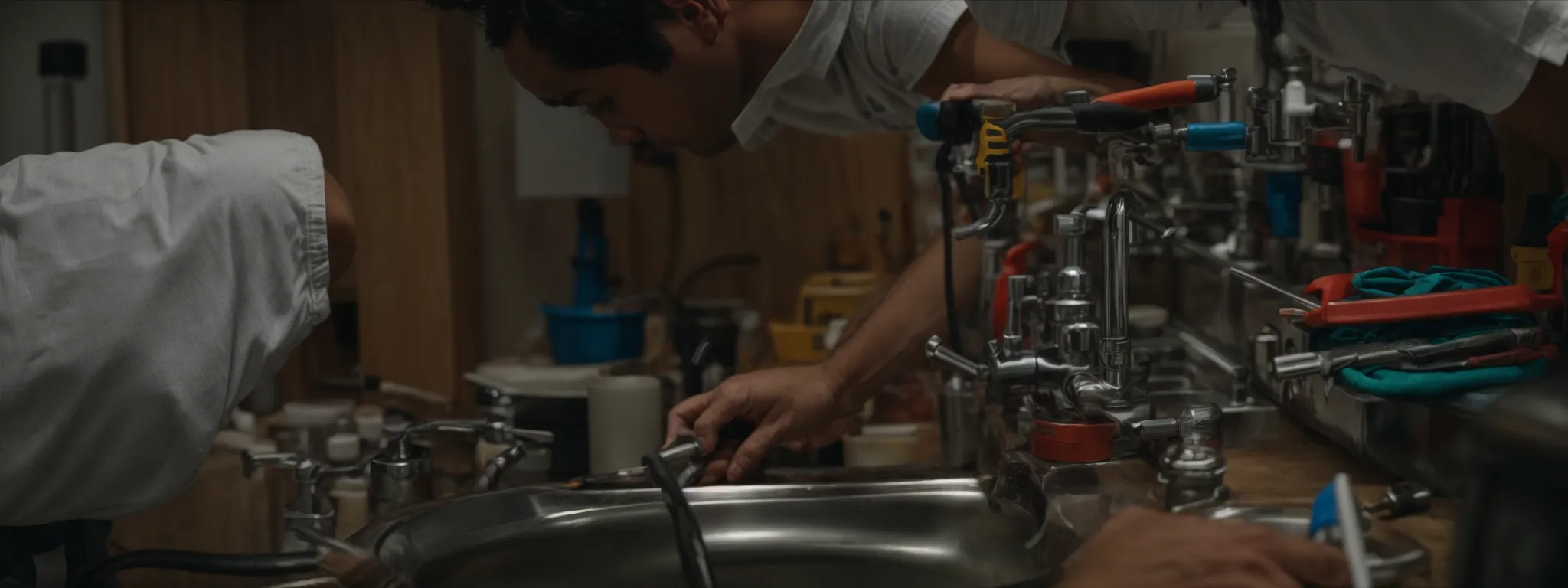 a professional plumber using a wrench to fix a sink while surrounded by various plumbing tools.