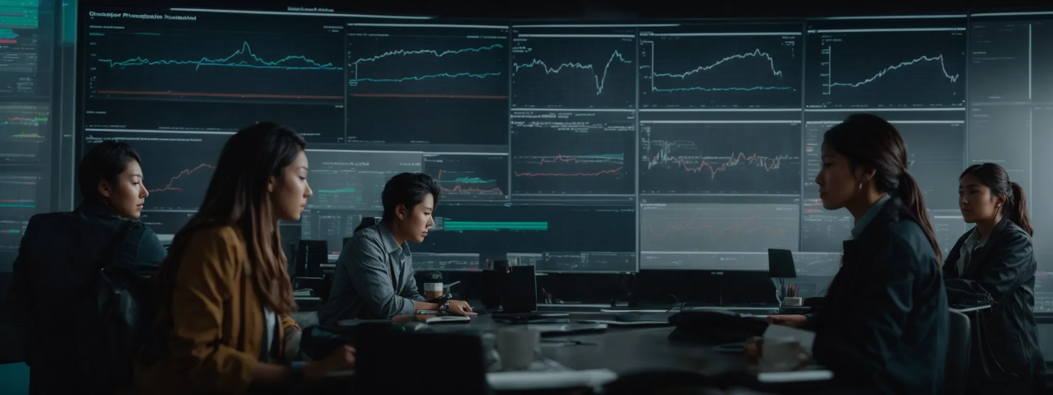 a marketing team analyzes graphs on a large screen showing digital campaign performance.