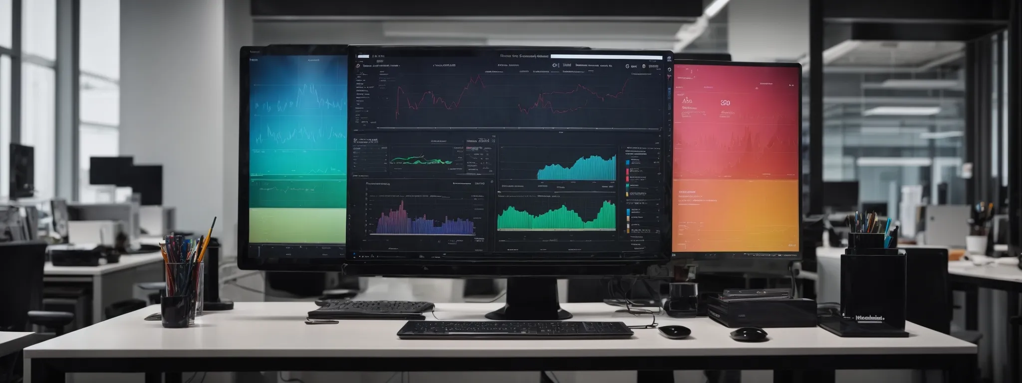 a sleek, modern office space with a desktop computer displaying colorful charts and an email interface.