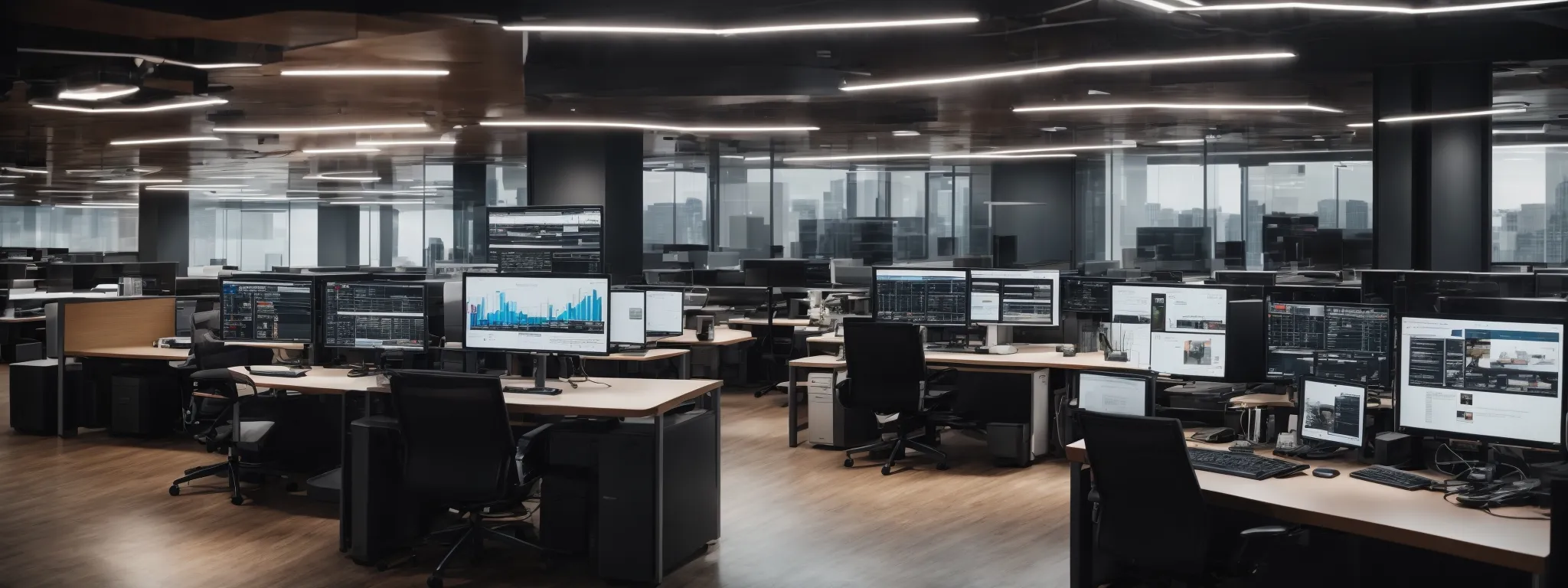 a sleek and modern office with computers displaying graphs and website designs, symbolizing a focus on improving user experience and conversion rates.