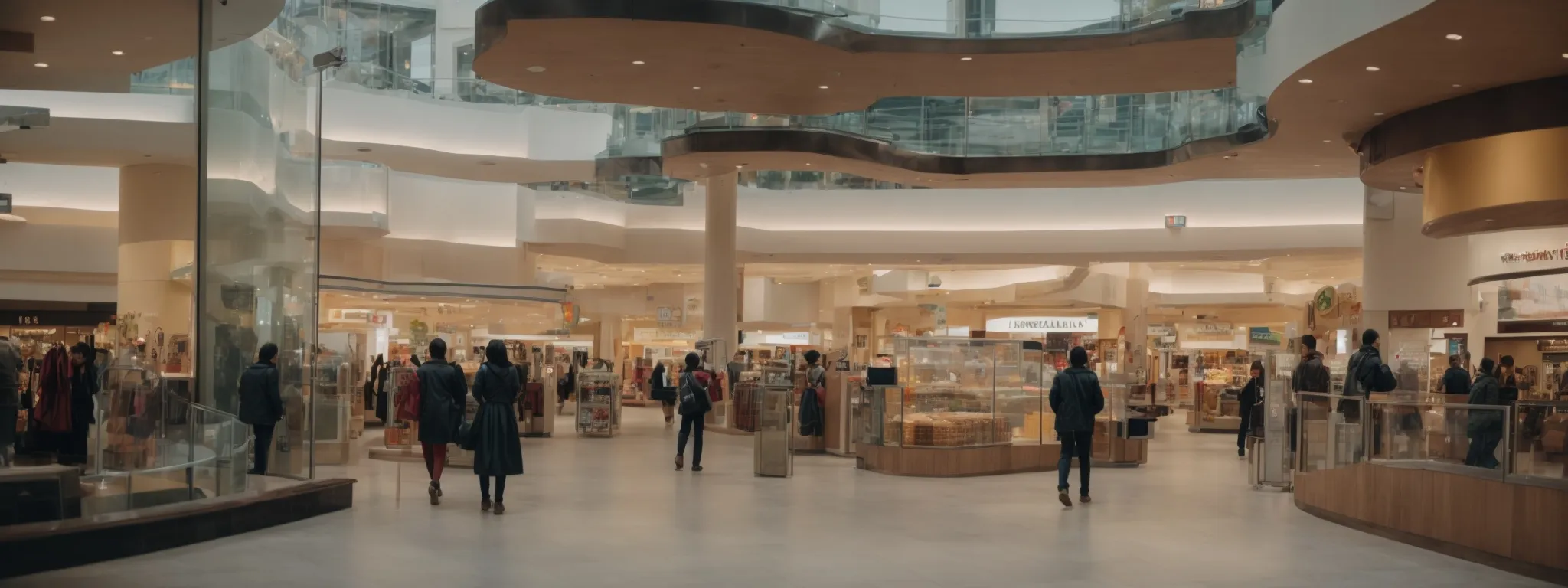 a wide shot of diverse storefronts representing different departments within a single shopping mall.