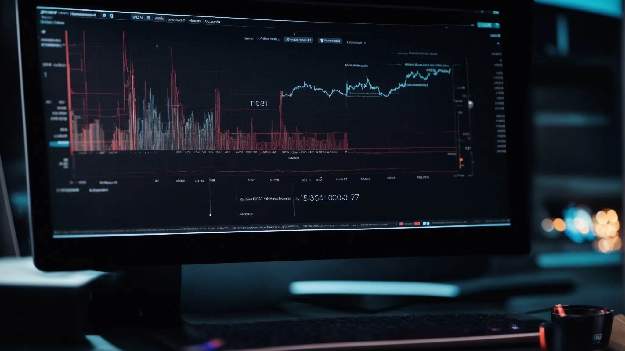 a computer screen displaying graphs and algorithms with an abstract representation of digital marketing tools in the background.