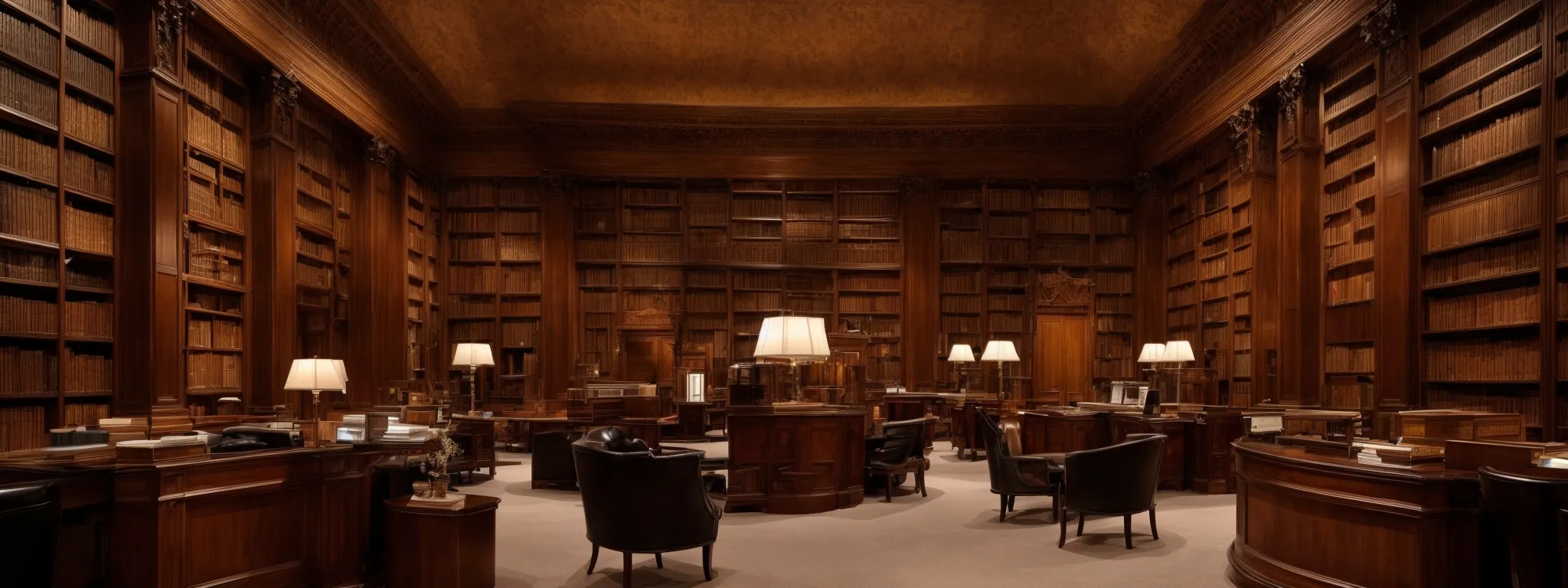 a panoramic view of a grand library with towering bookshelves meticulously organized and a central information desk symbolizing knowledge accessibility and order.