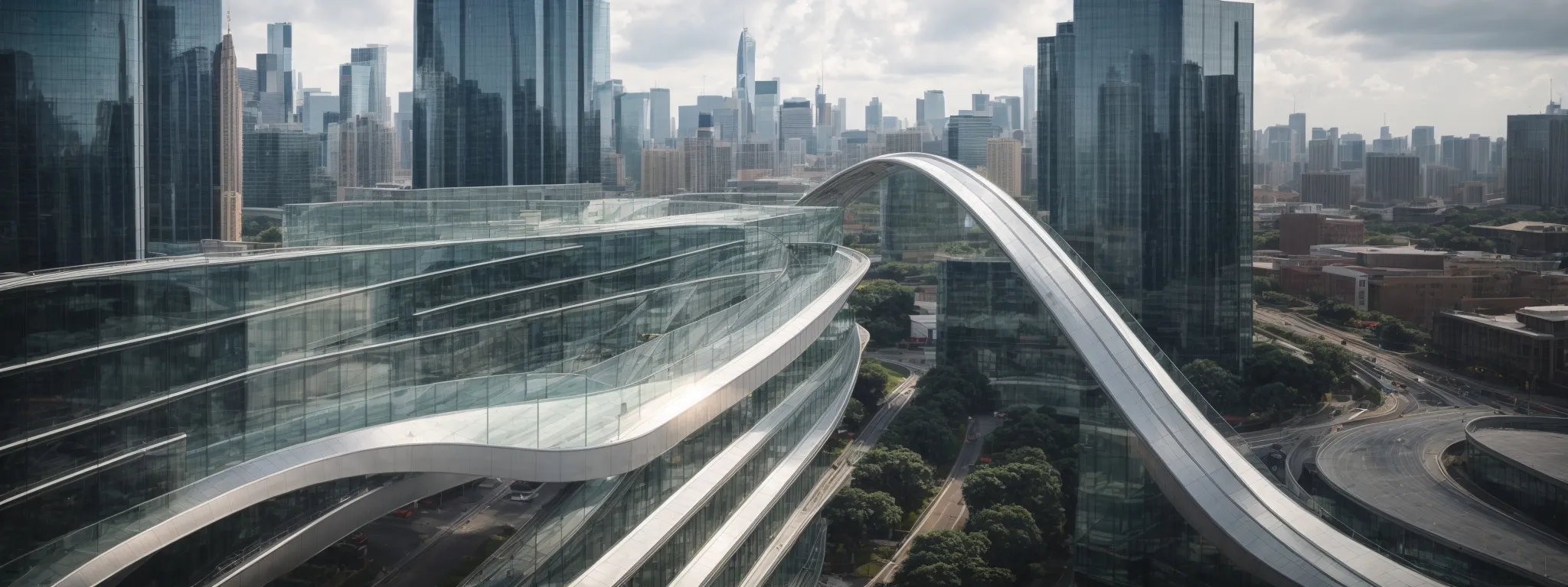 two corporate buildings linked by a modern glass bridge against a city skyline, symbolizing a strong partnership between seo companies.